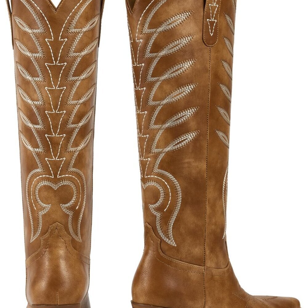 Women's Western Cowboy Boots Faux Leather Knee High Embroidered Tall Shoes - Picture 3 of 6